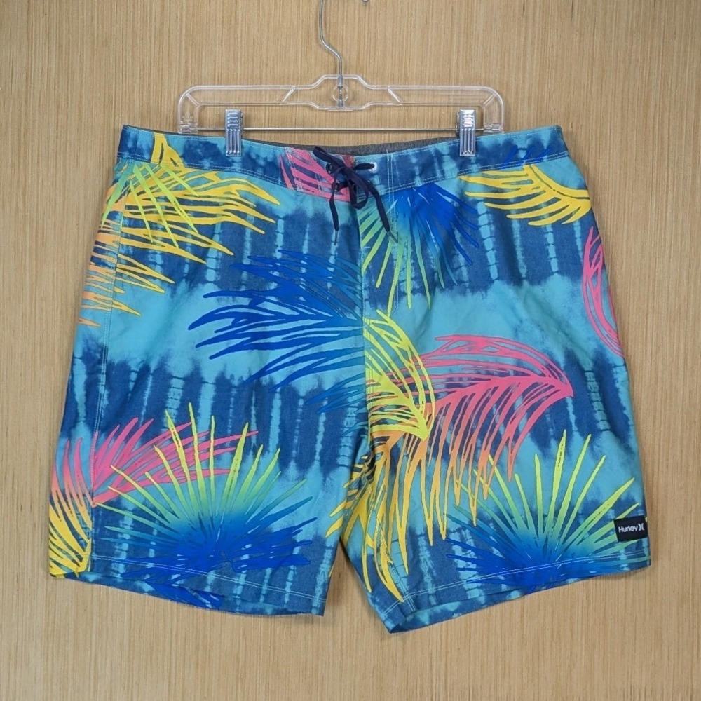 Hurley Board Shorts Men's 38 Tie Dye Palm Print Blue Swim‎ Trunks Beach
